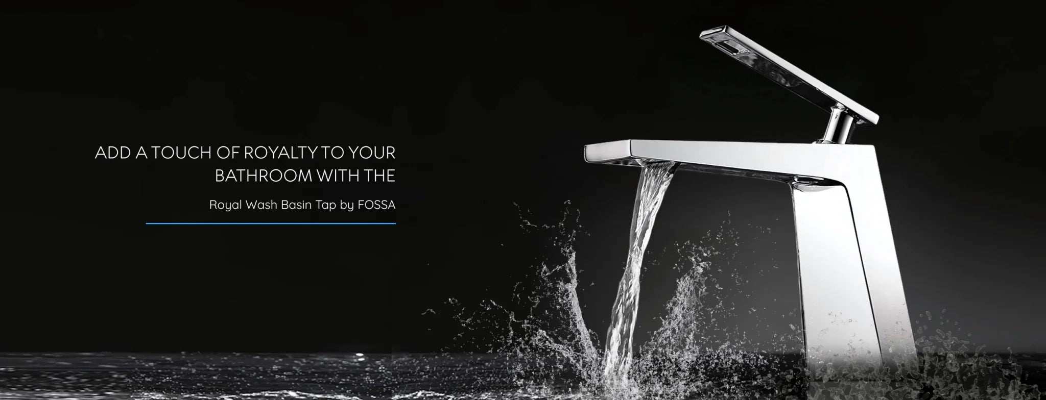 Modern chrome wash basin tap with water flowing, luxury bathroom accessory on black background