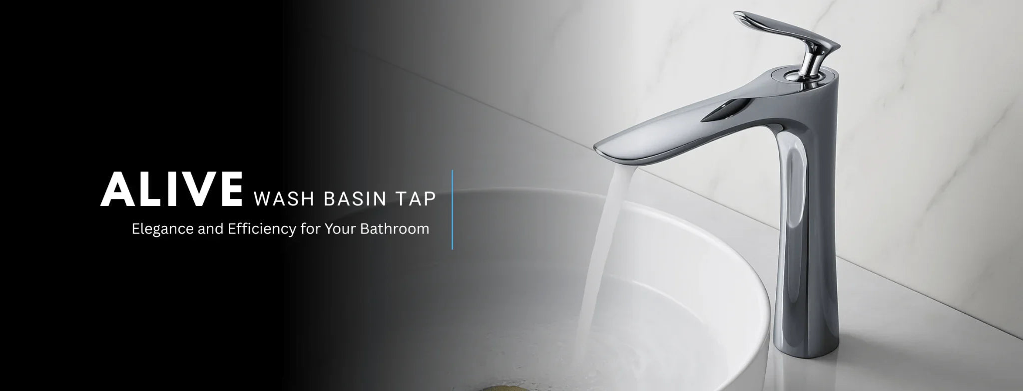 Sleek chrome wash basin tap with running water on a modern white bathroom sink