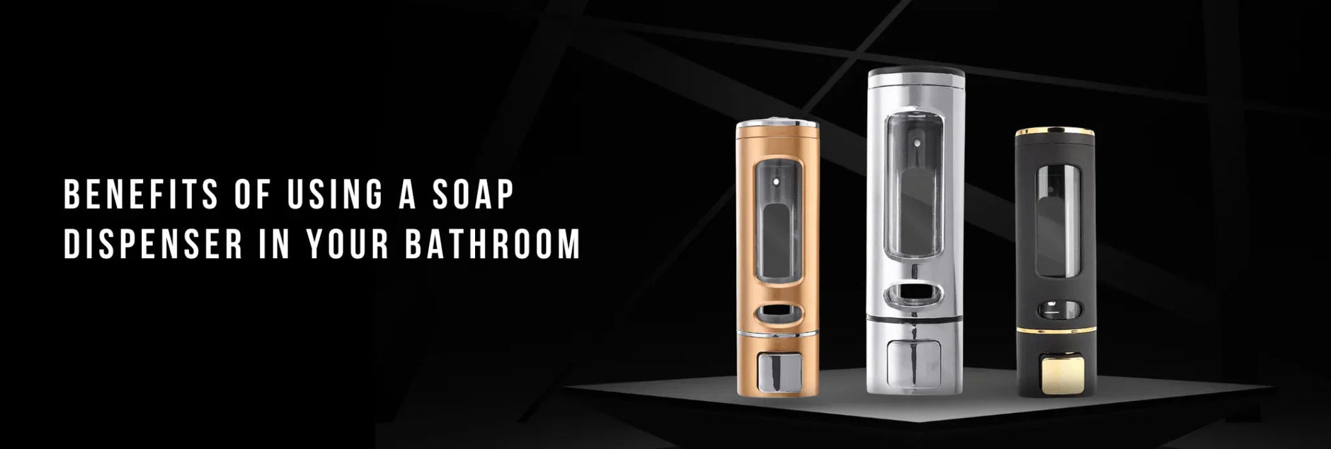 Three modern bathroom soap dispensers in gold, silver, and black on a black background