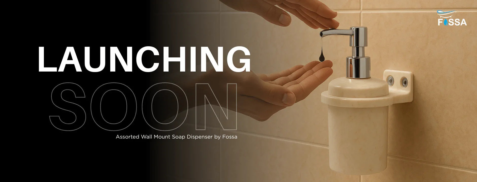 Hand using wall-mounted soap dispenser on beige bathroom tile wall