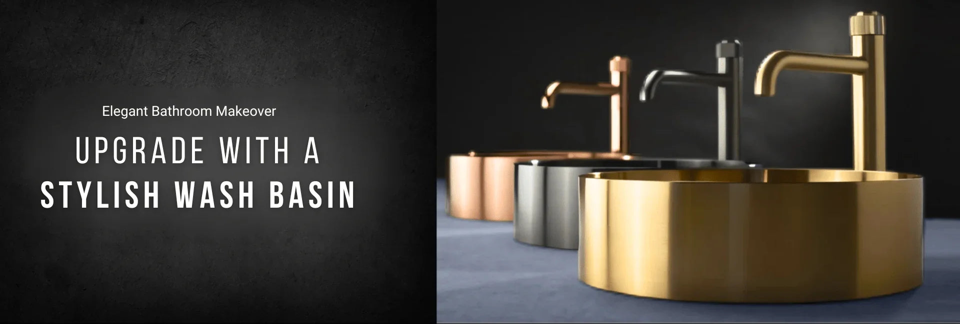 Modern bathroom with gold, black, and copper round wash basin sinks and sleek faucets