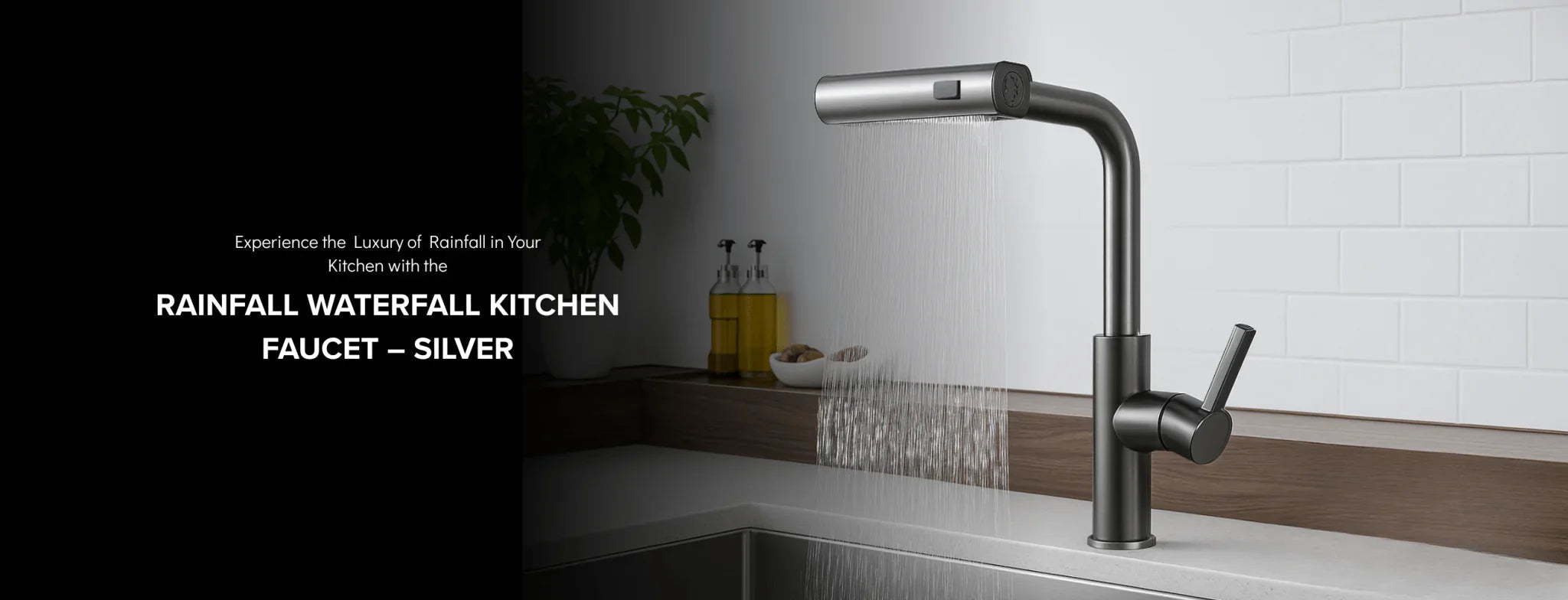 Modern silver rainfall waterfall kitchen faucet spraying water into sink