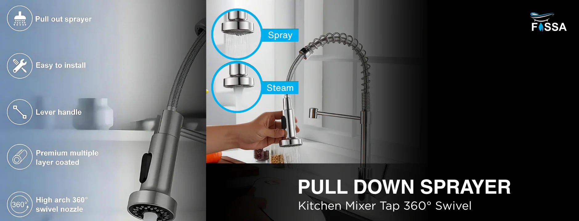 Ultimate Flexibility | Fossa Pull Down Sprayer Kitchen Mixer Tap
