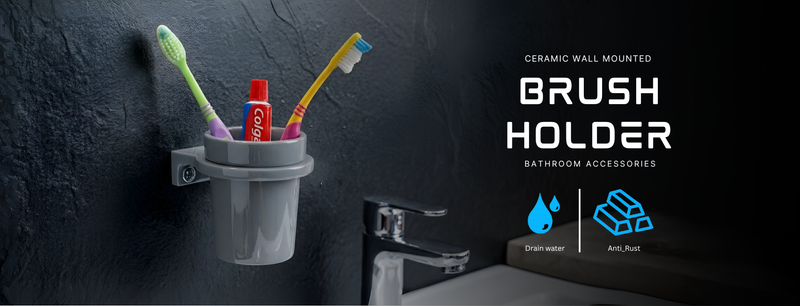 Ceramic Grey Unbreakable Brush Holder Round Glossy Finish (RG-123)