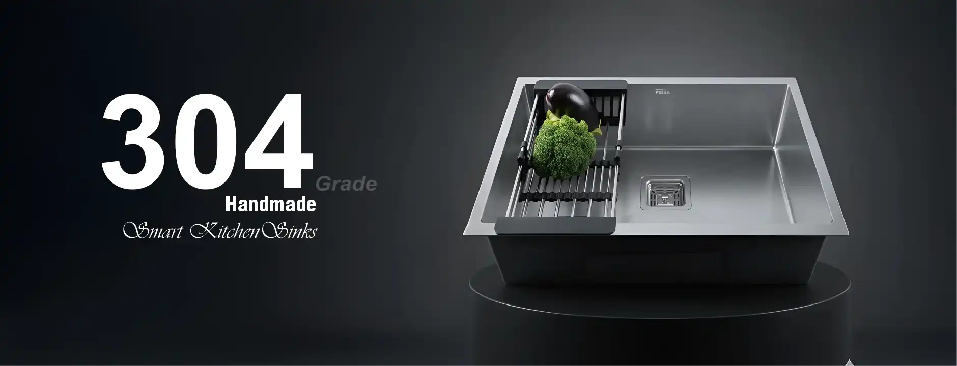 Handmade 304 stainless steel kitchen sink with drying rack, broccoli and eggplant