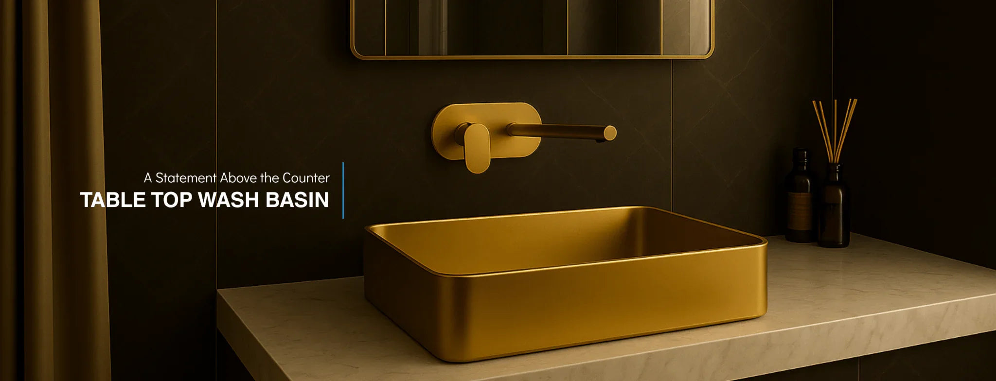 Modern bathroom with gold table top wash basin, wall-mounted faucet, marble countertop