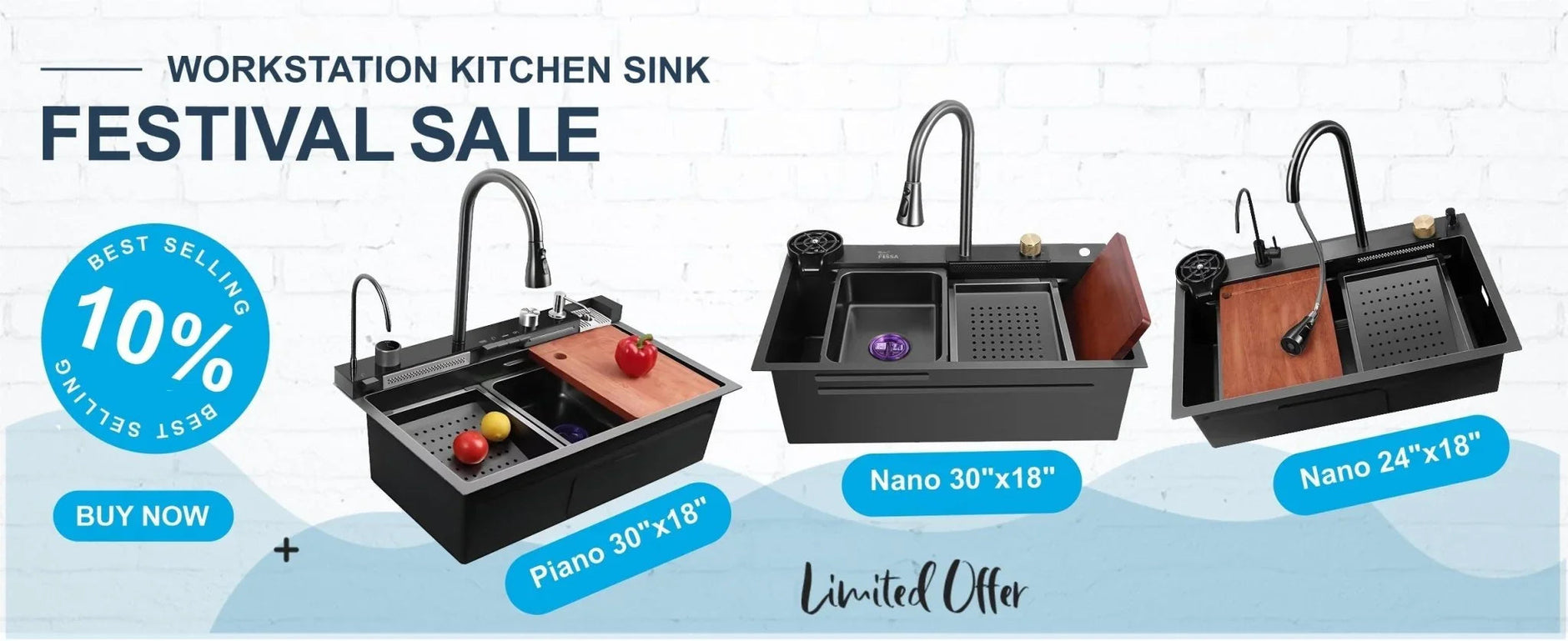 Three modern black workstation kitchen sinks with accessories, faucets, cutting boards, and colanders displayed for a festival sale.