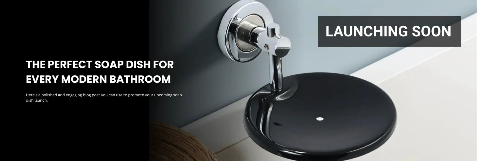 Modern wall-mounted black soap dish with chrome fixture in a contemporary bathroom setting
