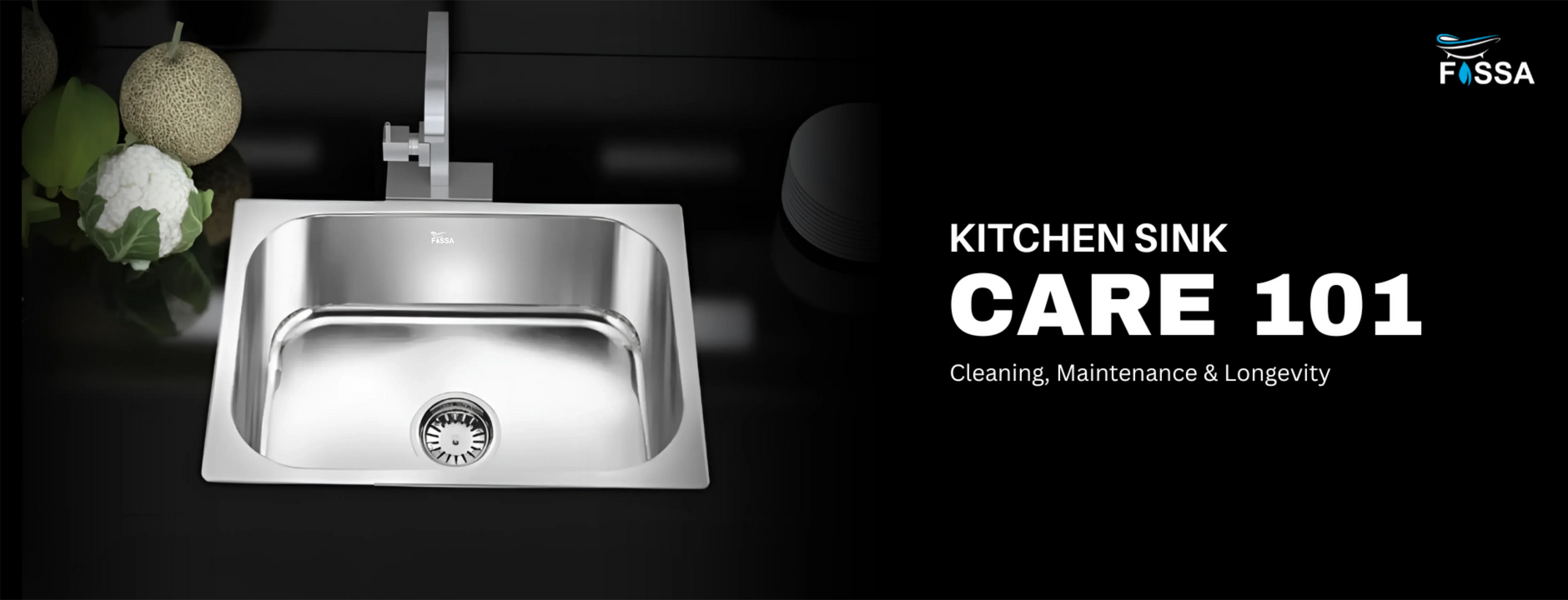Modern stainless steel kitchen sink with fresh vegetables on black countertop, care tips text