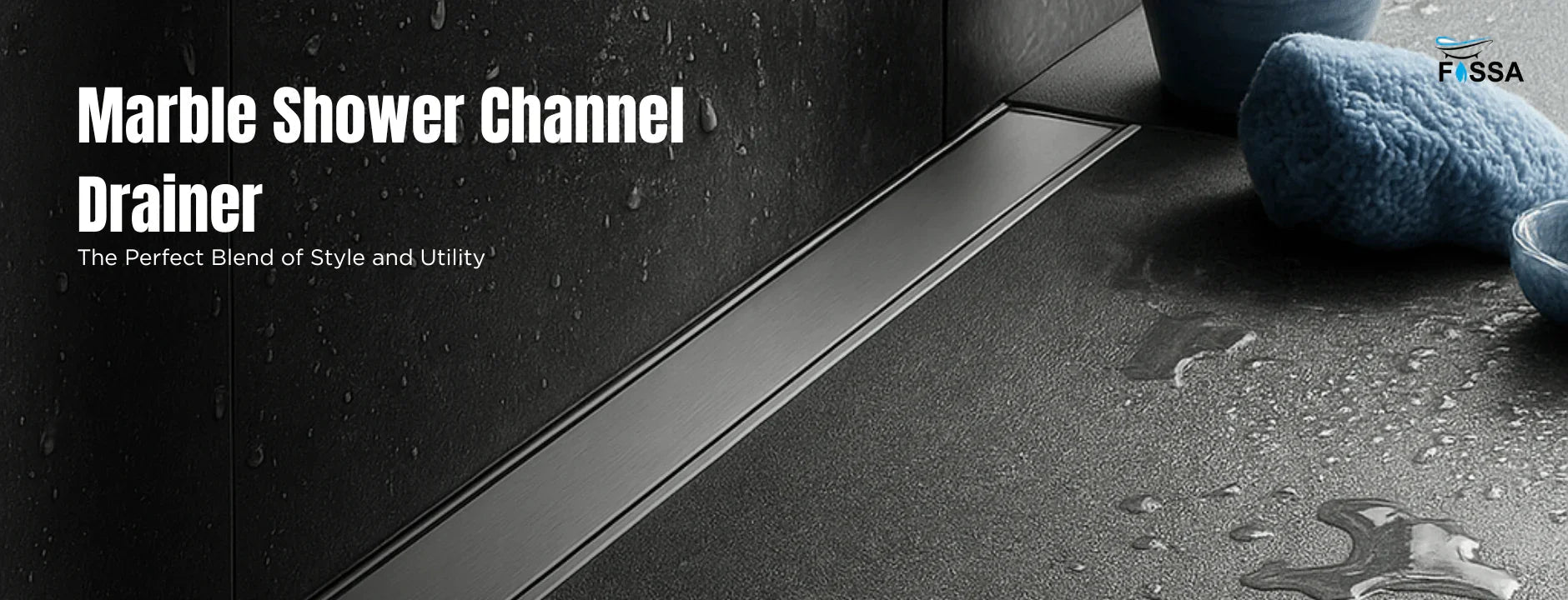 Modern marble shower channel drain installed in a wet black tiled bathroom floor.