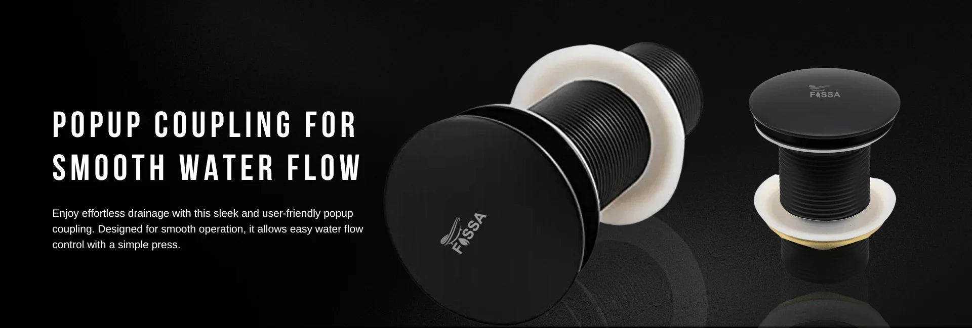 Black popup coupling for kitchen sink or bathroom basin, modern drain fitting on black background.