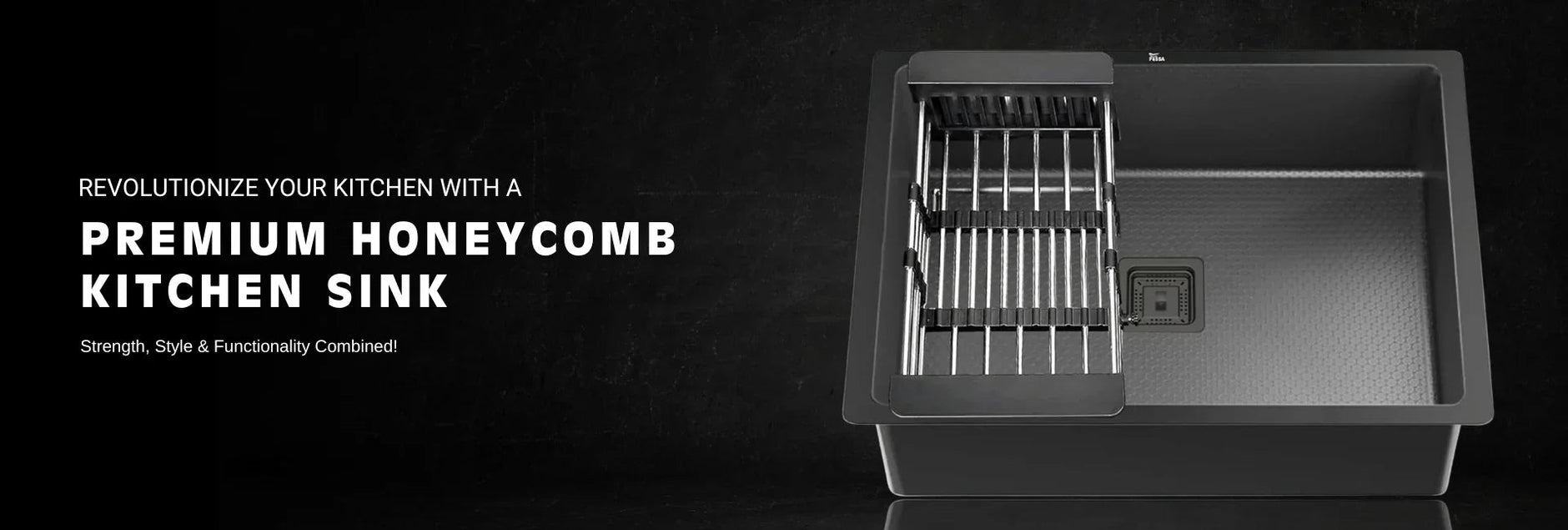 Modern honeycomb kitchen sink with integrated drying rack on a dark background