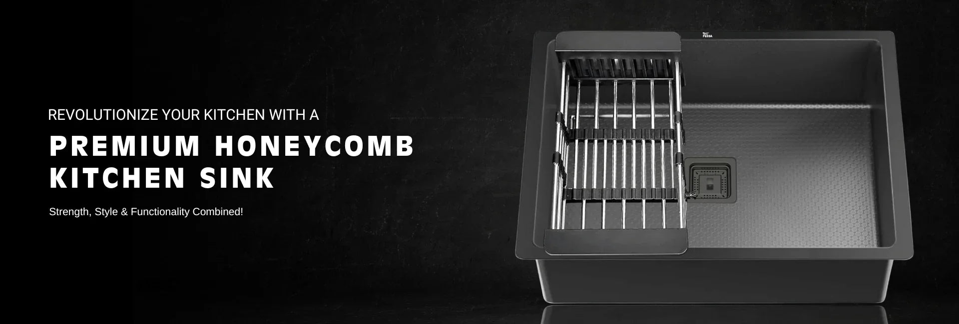 Modern honeycomb kitchen sink with integrated drying rack on a dark background