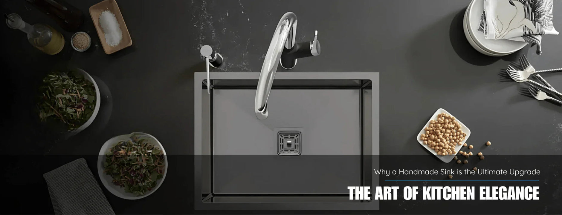 Modern kitchen with a premium handmade stainless steel sink, faucet, and fresh ingredients on a dark countertop