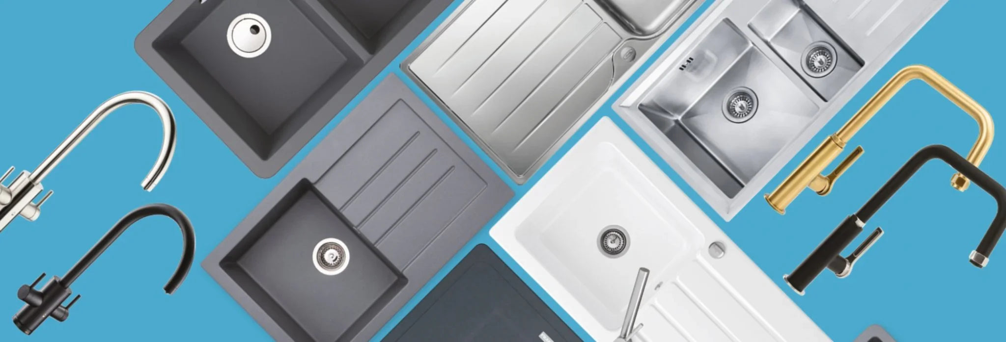 Assorted modern kitchen sinks and faucets in stainless steel, granite, and gold finishes on blue background