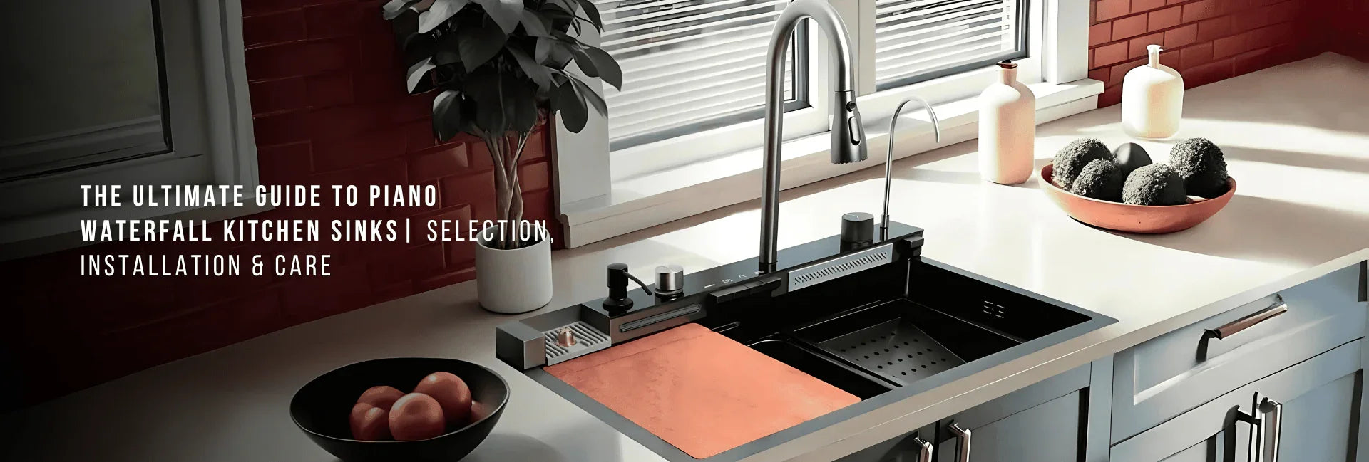Modern kitchen with piano waterfall kitchen sink, accessories, and sleek faucet by a window