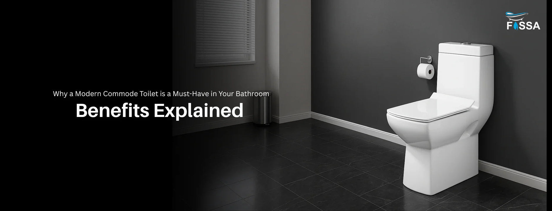 Modern white commode toilet with closed lid in a minimal bathroom with dark walls and floor