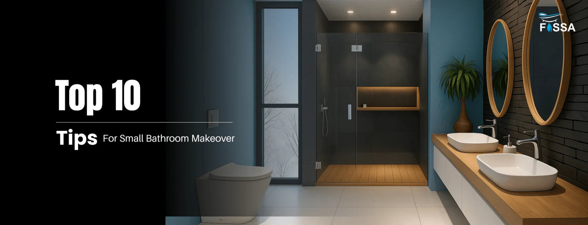Modern small bathroom with dual sinks, round mirrors, glass shower, and wood accents
