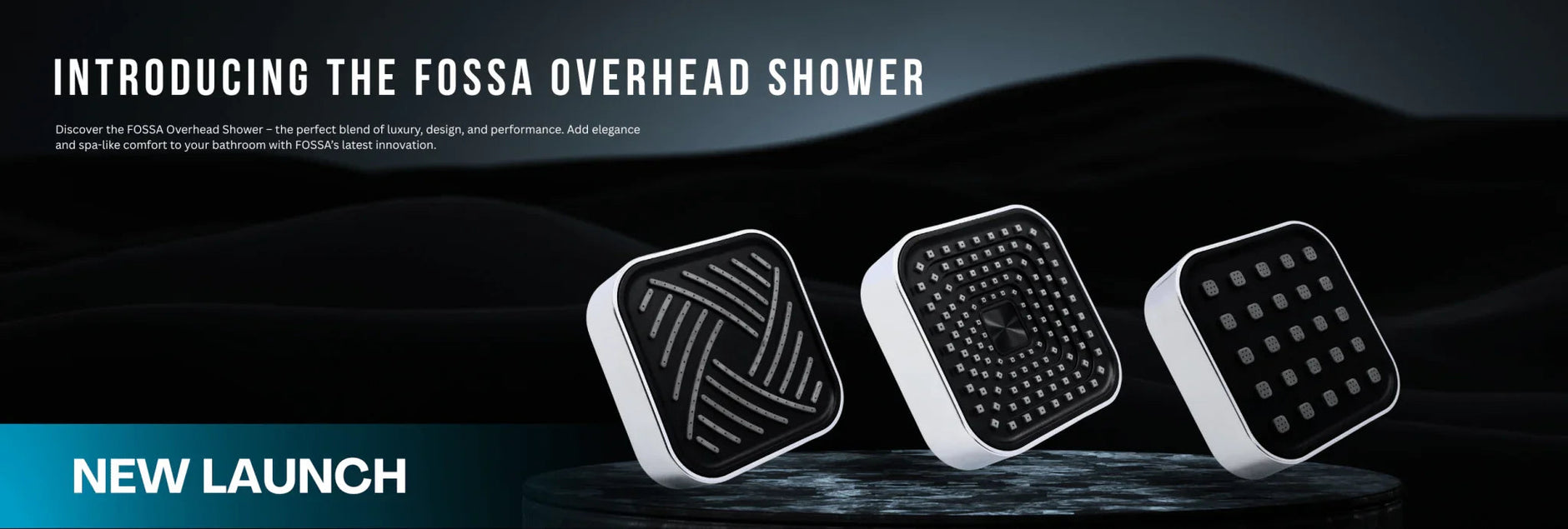 Modern square overhead shower heads with different nozzle designs on a dark background.