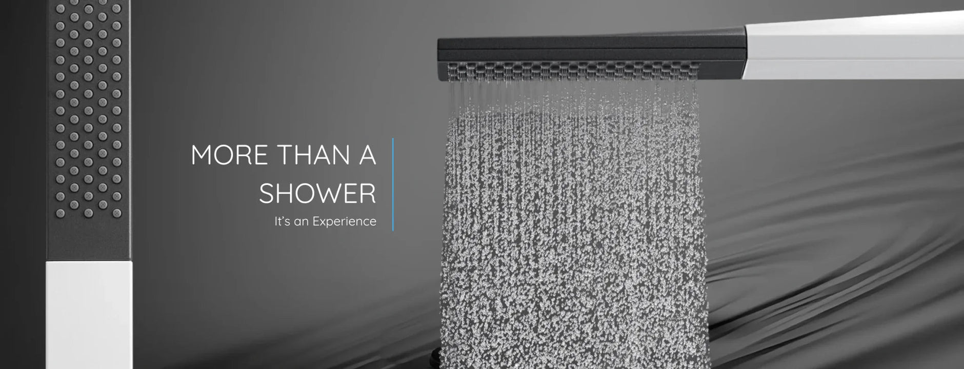 Modern square ABS hand shower spraying water, close-up on black background