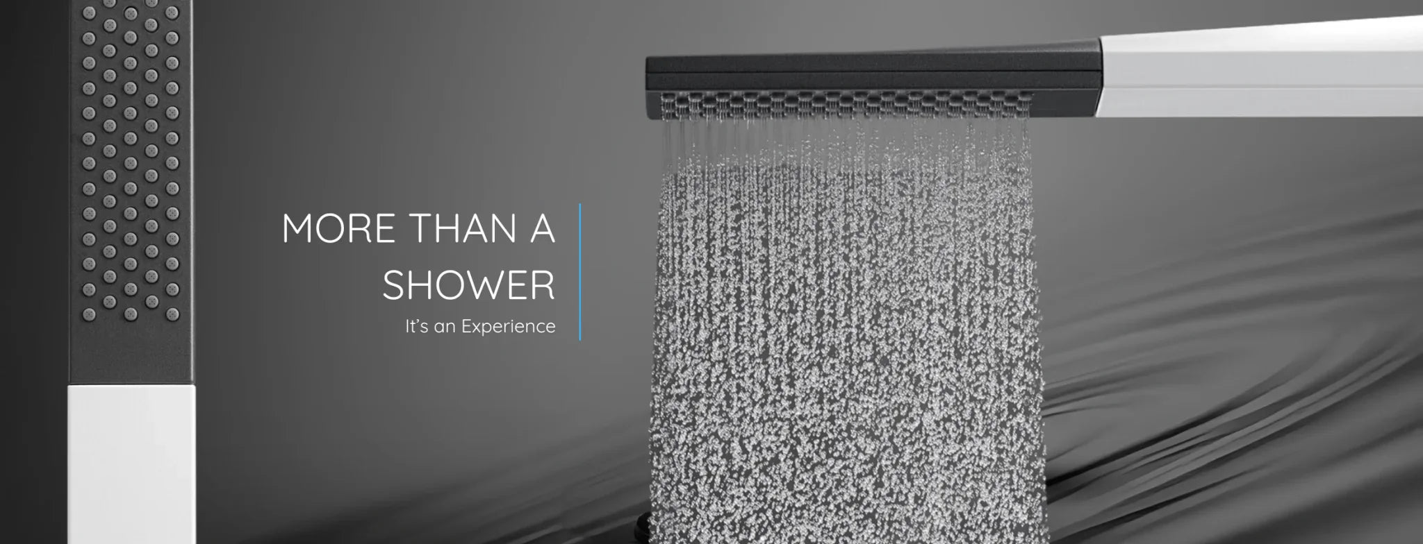 Modern square ABS hand shower spraying water, close-up on black background