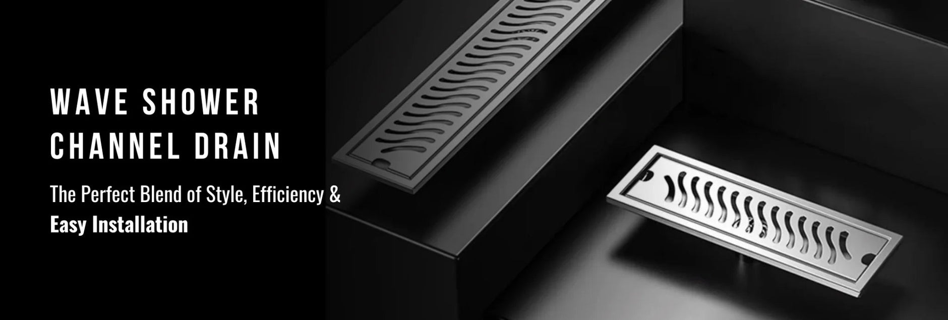 Stainless steel wave shower channel drain with modern design on a dark background.