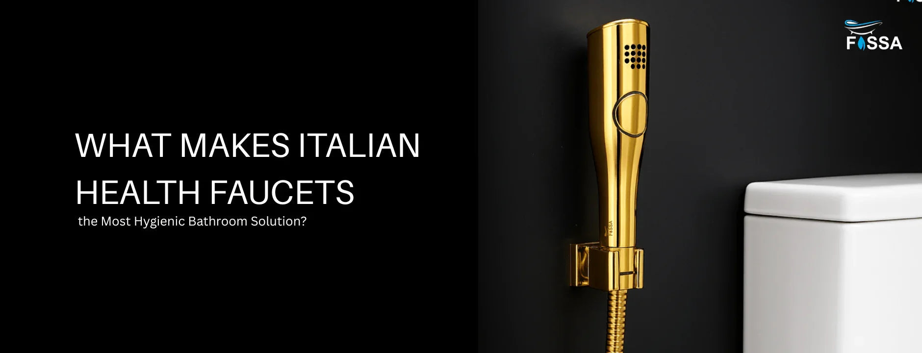 Gold Italian health faucet on black bathroom wall next to modern white toilet