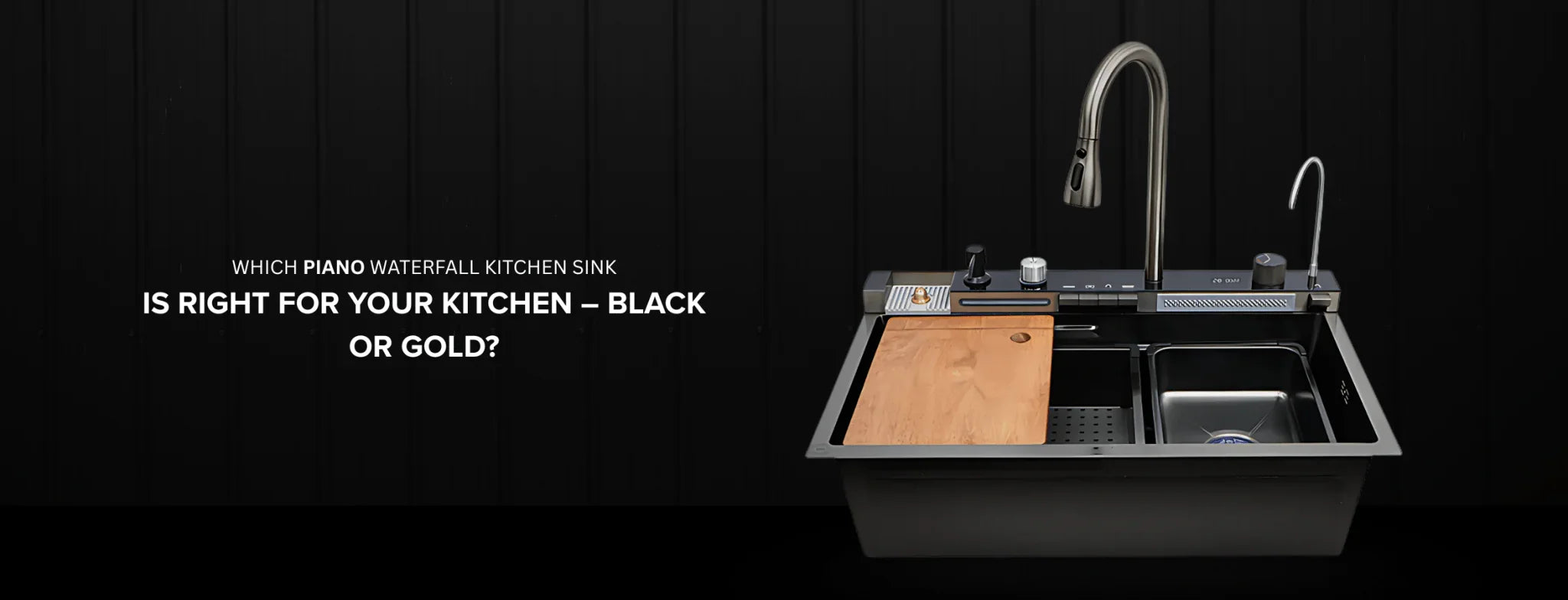 Modern black piano waterfall kitchen sink with faucet, cutting board, and accessories.