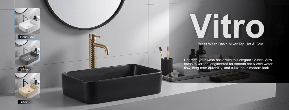 **Alt text:** Banner displaying the 12-inch Vitro brass wash basin mixer tap in gold with a black sink, alongside rose gold, silver, and black finish options.