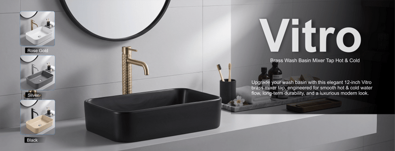 **Alt text:** Banner displaying the 12-inch Vitro brass wash basin mixer tap in gold with a black sink, alongside rose gold, silver, and black finish options.