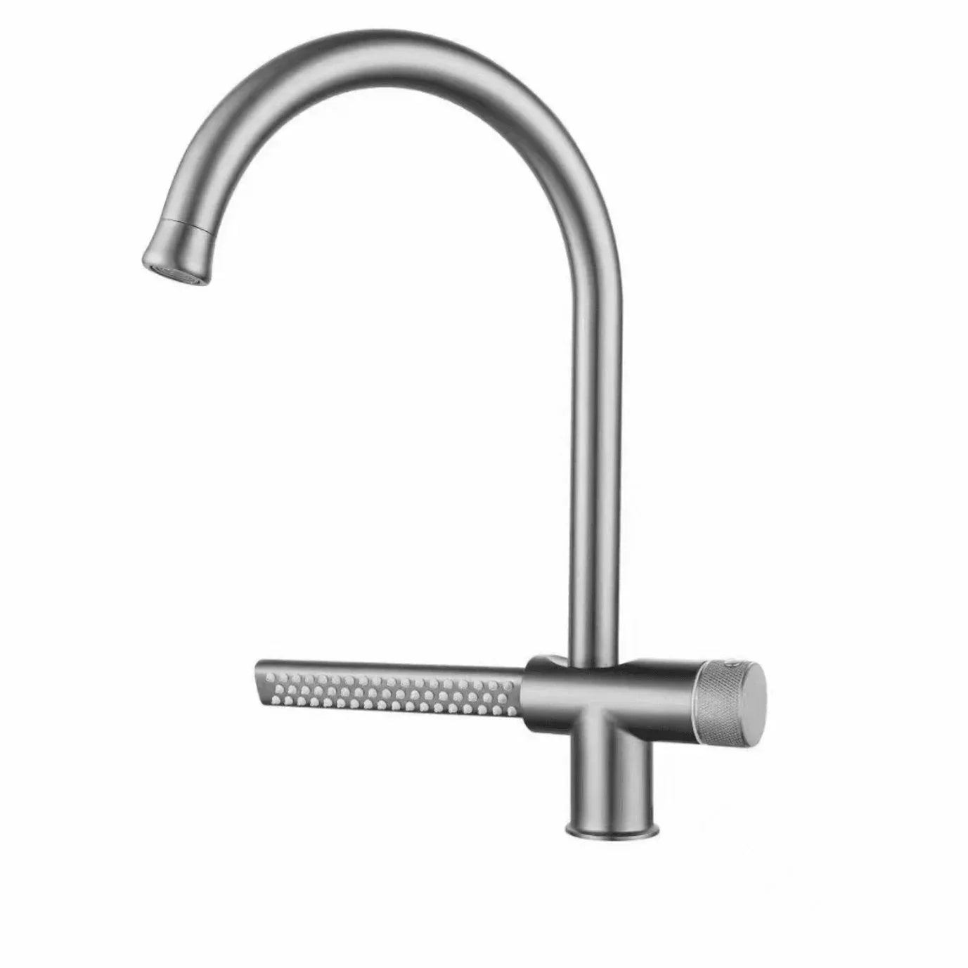 Stainless steel kitchen sink faucet with tall curved spout and textured handle