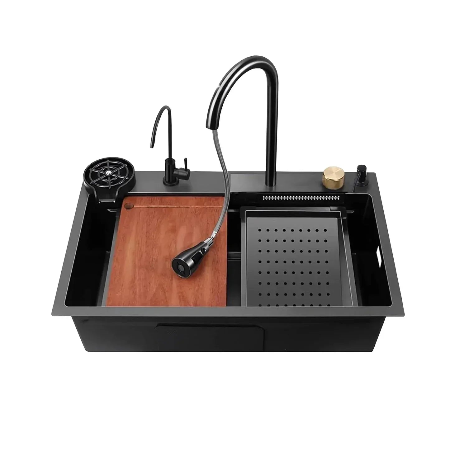 Modern black kitchen sink with pull-down faucet, wooden cutting board, and integrated accessories