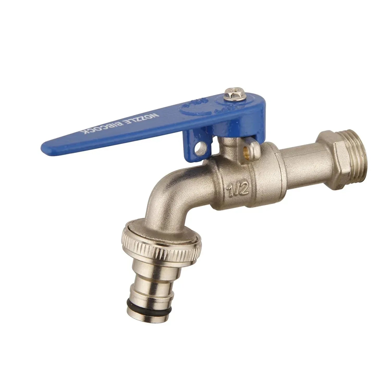 Stainless steel bibcock tap with blue lever handle and hose connector for kitchen or bathroom