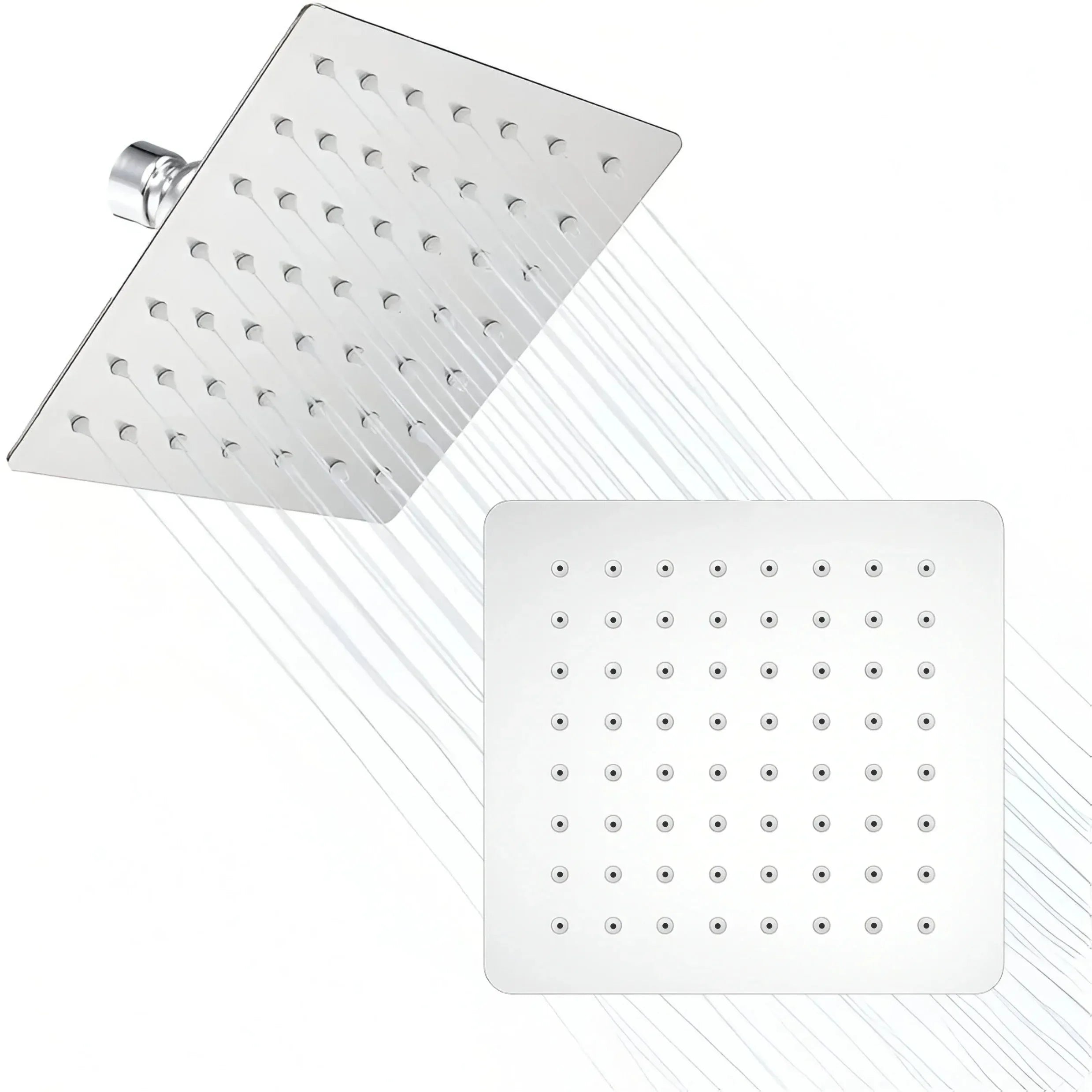 Square stainless steel rain shower head with water jets, modern bathroom accessory