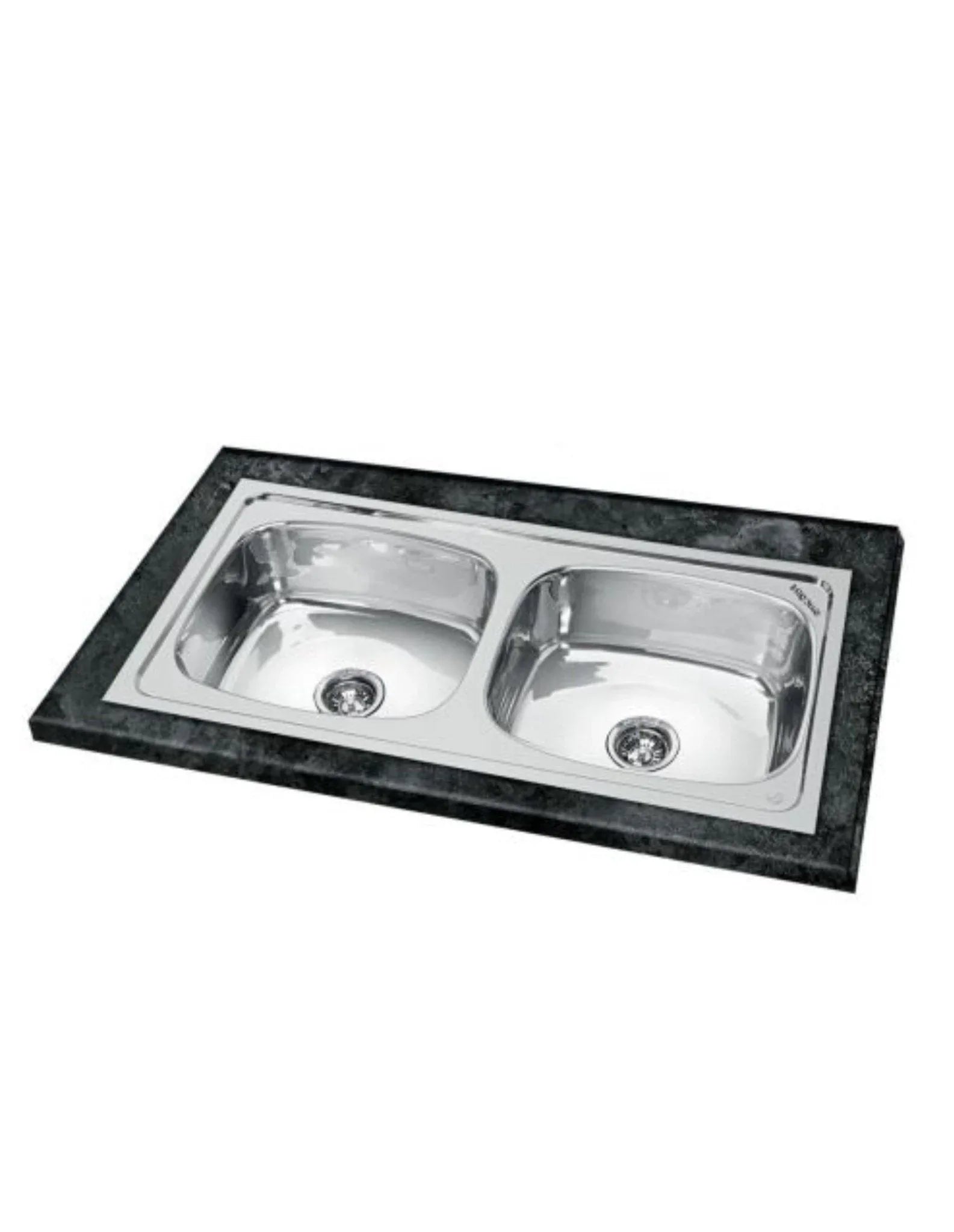 Double bowl stainless steel kitchen sink on black countertop