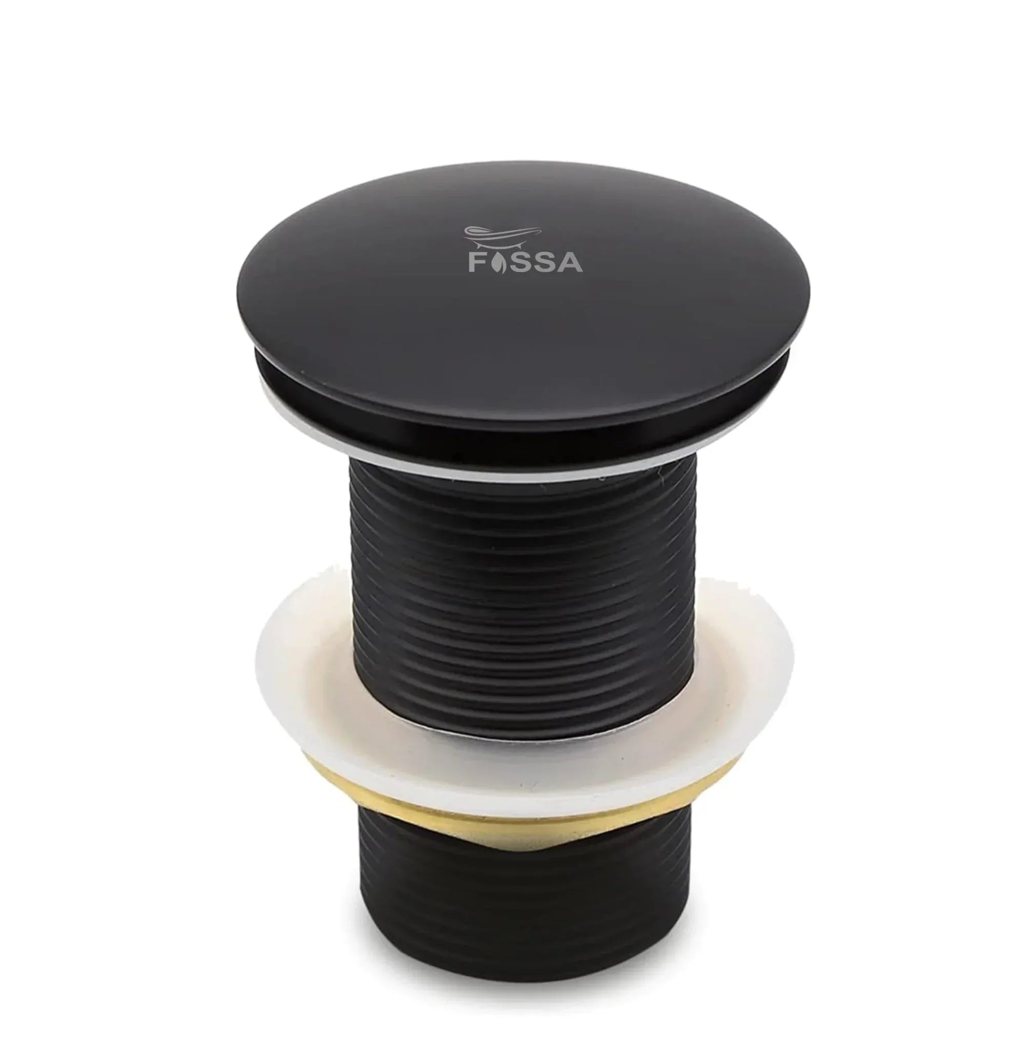 Black matte bathroom sink drain with pop-up stopper, modern round design