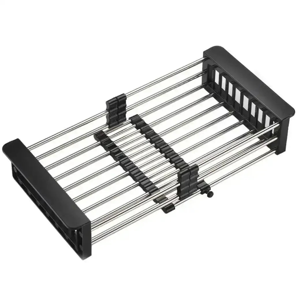 Stainless steel adjustable kitchen sink dish drying rack with black plastic ends