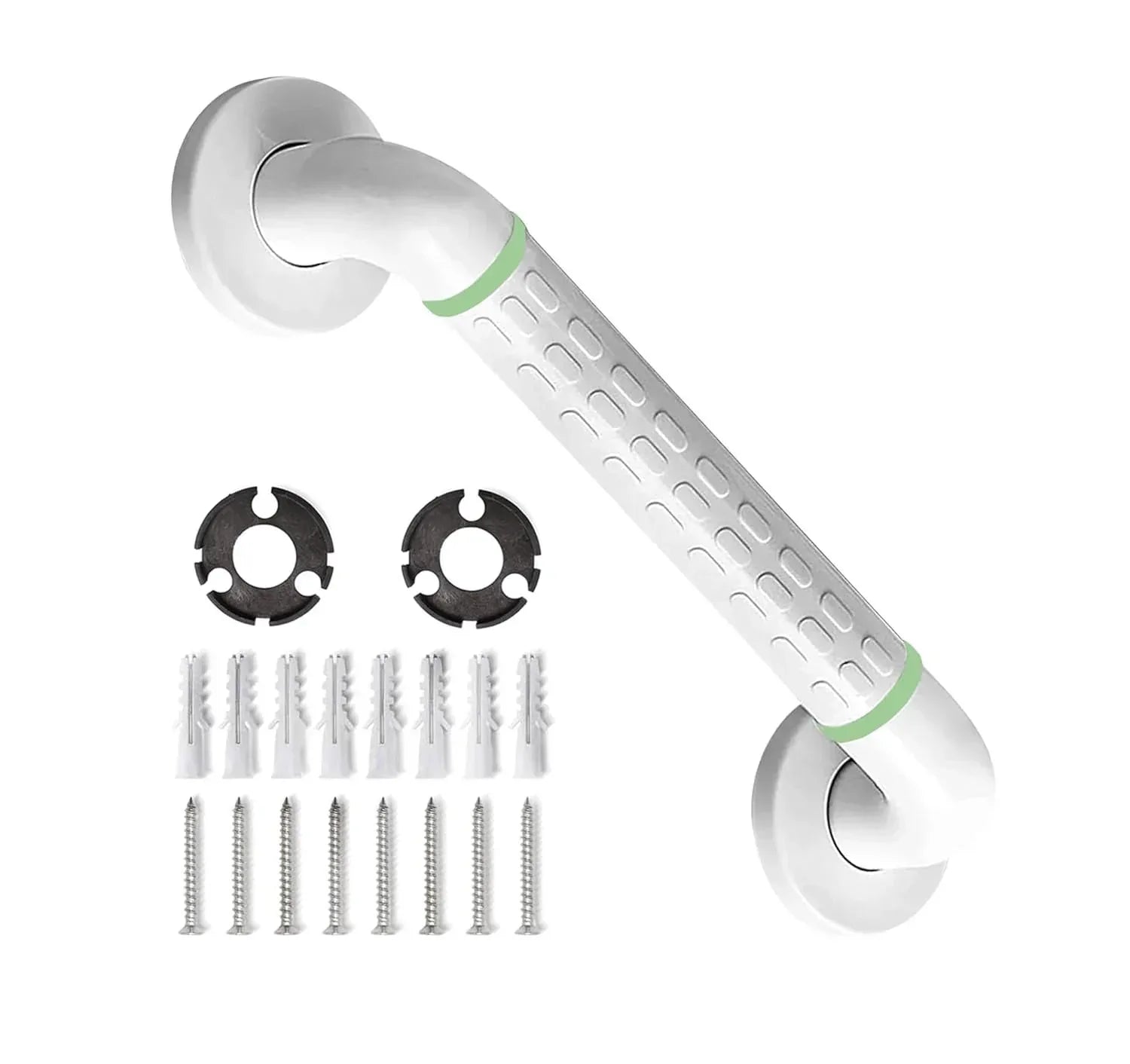 White bathroom grab bar with textured grip, wall mounting hardware, and screws included