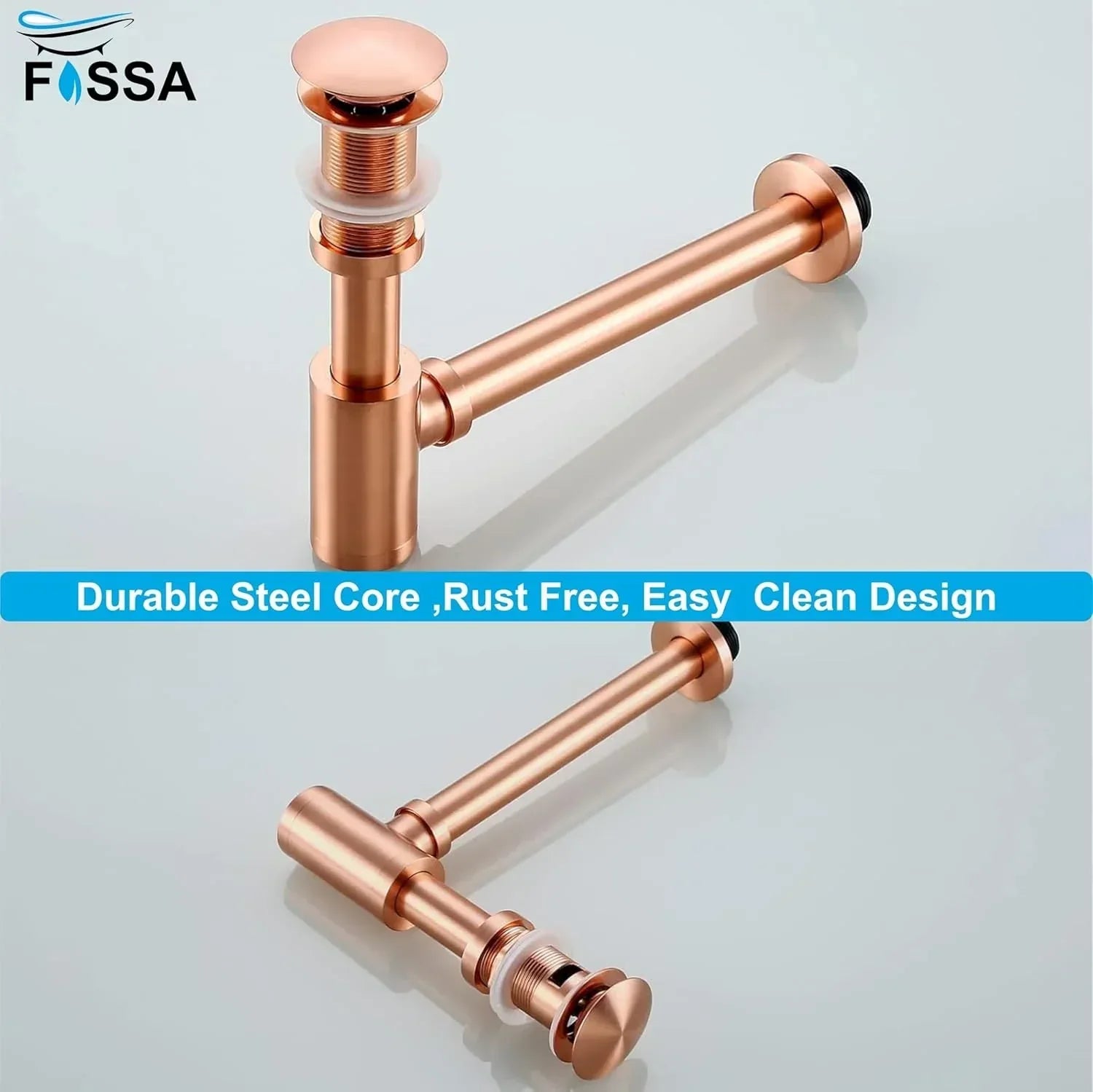 12 inch Stainless Steel Rose Gold Bottle Trap with Flange - Fossa Home 