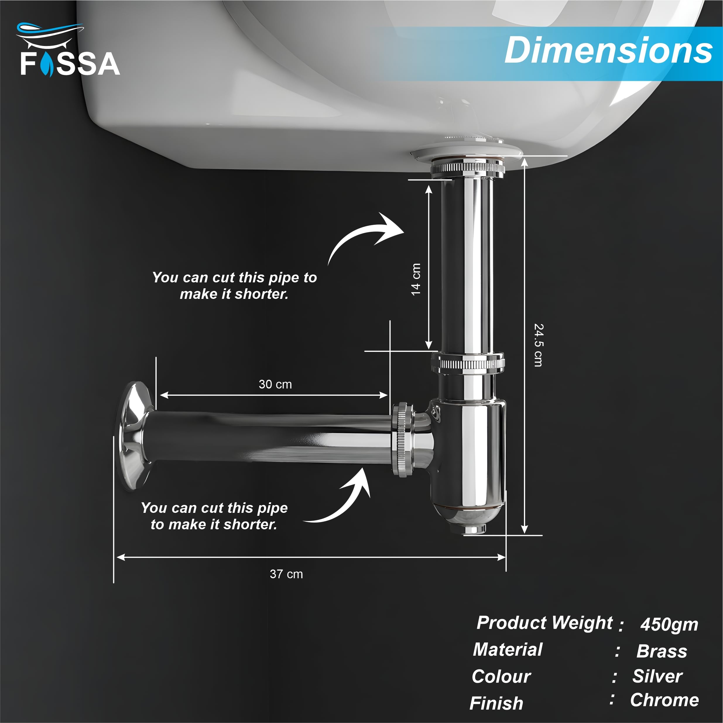 12 inch Wipro Brass Silver Bottle Trap with Flange