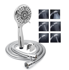 Fossa 5″ High Pressure Hand Shower Head 6-setting - High Flow Even with Low Water Pressure - Hand Held Showerhead Set with 1 Mtr Hose Pipe Stainless Steel (Chrome Finish)