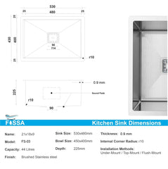 Fossa 21"x18"x09" inch Single Bowl Premium Stainless Steel Handmade Kitchen Sink Silver