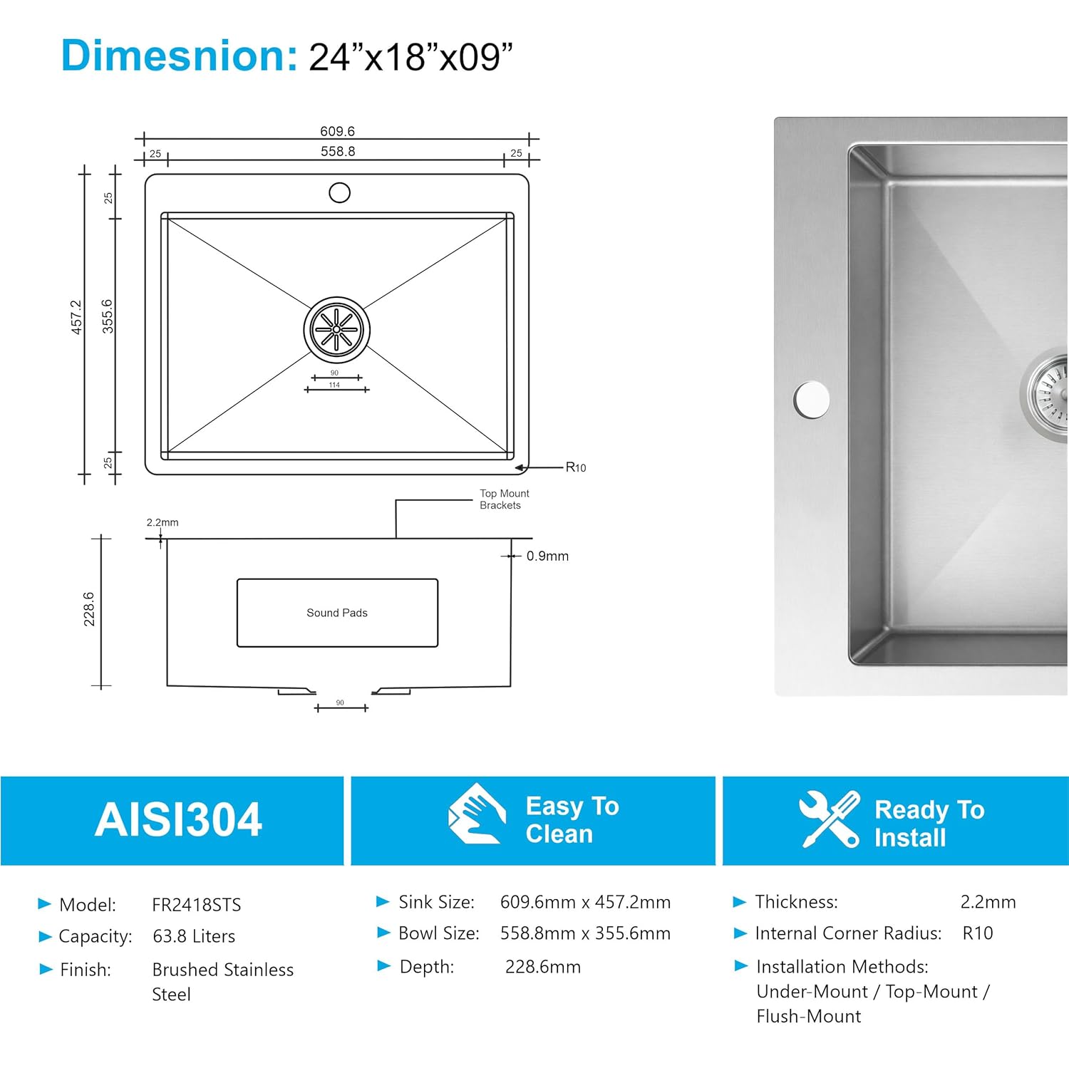 Spacious sink size suitable for regular washing and cleaning tasks.