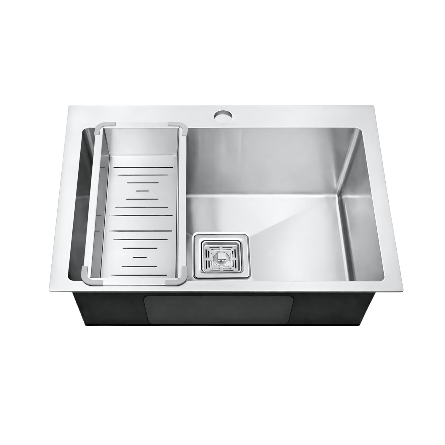 24x18x09 inch, single bowl, stainless steel with a tap hole for easy faucet fitting.