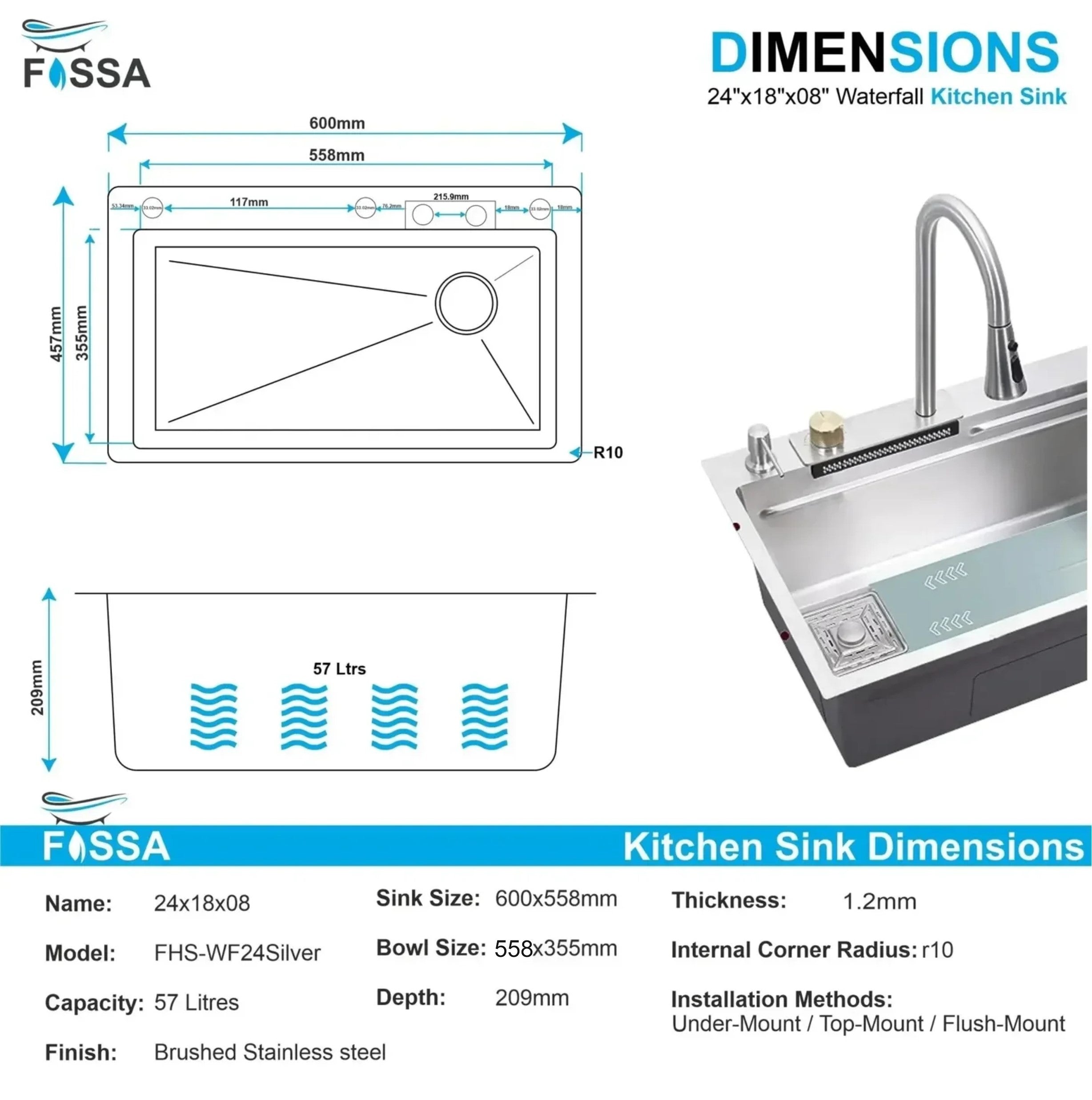 Smart Waterfall (24 x 18 x 9) Inch 304 Stainless Steel Kitchen Sink Silver - Fossa Home 