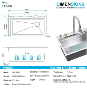 Smart Waterfall (24 x 18 x 9) Inch 304 Stainless Steel Kitchen Sink Silver - Fossa Home 