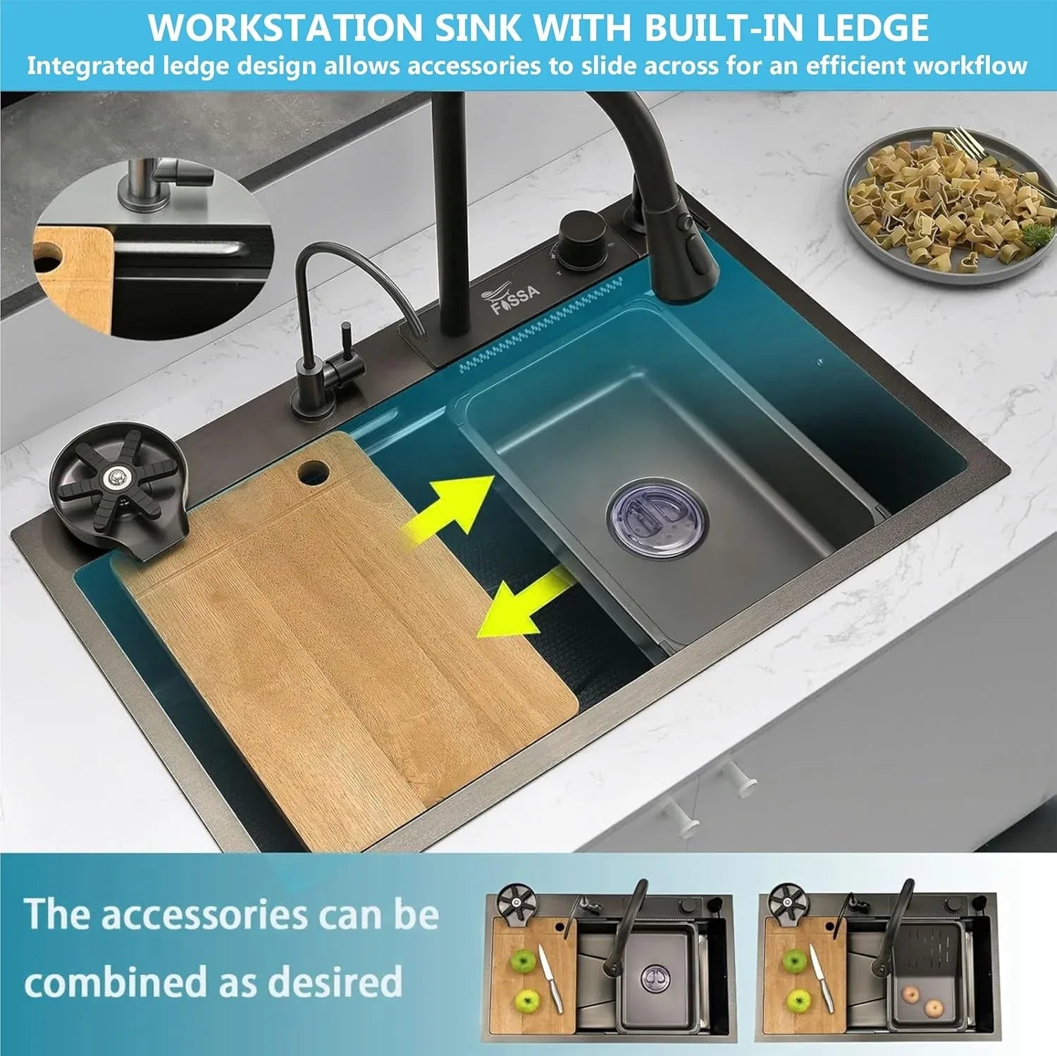 Smart Waterfall (24 x 18 x 10) Inch Premium Stainless Steel Kitchen Sink Black - Fossa Home 