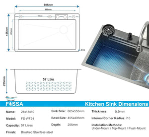 Smart Waterfall (24 x 18 x 10) Inch Premium Stainless Steel Kitchen Sink Black - Fossa Home 