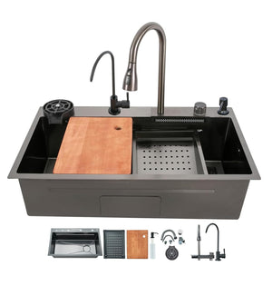 Kitchen sink set with faucet, cutting board, and accessories on a white background