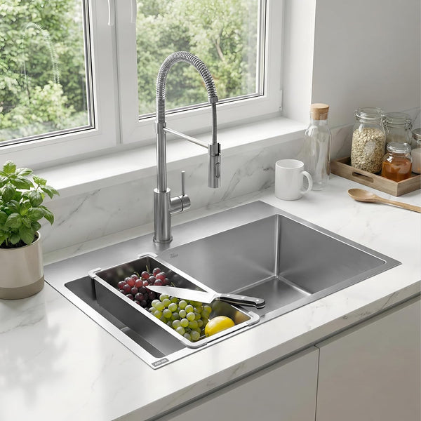 27x18x09 inch 304 stainless steel handmade single bowl kitchen sink with tap hole silver finish